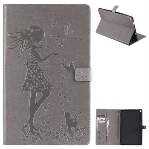 Embossing Flower Girl Cat Leather Flip Cover for Amazon Fire HD 10 (2017) - Gray