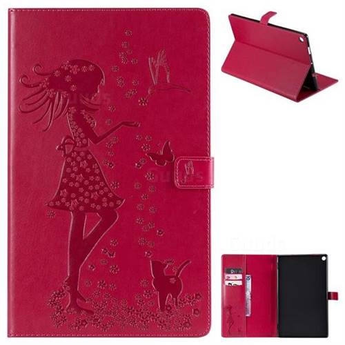 Embossing Flower Girl Cat Leather Flip Cover for Amazon Fire HD 10 (2017) - Red
