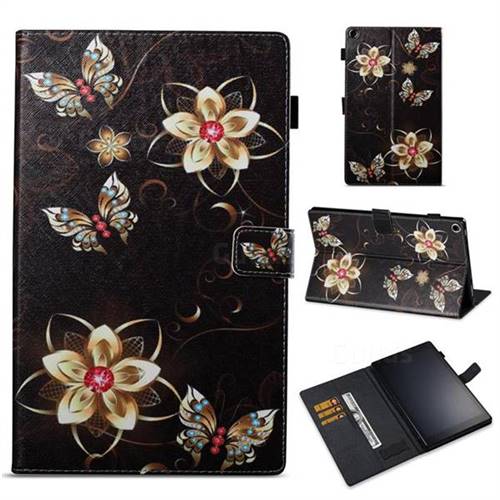 Golden Flower Butterfly Folio Stand Leather Wallet Case for Amazon Fire HD 10 (2017)