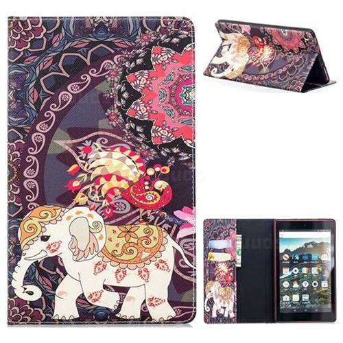 Totem Flower Elephant Folio Stand Tablet Leather Wallet Case for Amazon Fire HD 8 (2017)