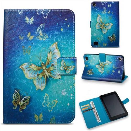 Gold Butterfly Folio Stand Leather Wallet Case for Amazon Fire 7(2015)