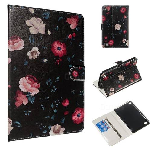 Black Flower Smooth Leather Tablet Wallet Case for Amazon Fire 7(2015)