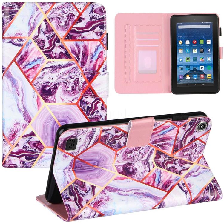 Dream Purple Stitching Color Marble Leather Flip Cover for Amazon Fire 7 (2019)
