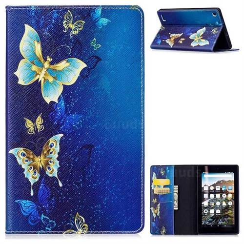 Golden Shining Butterfly Folio Stand Leather Wallet Case for Amazon Fire 7 (2017)