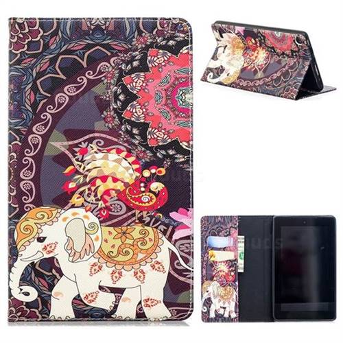 Totem Flower Elephant Folio Stand Tablet Leather Wallet Case for Amazon Fire 7 (2017)