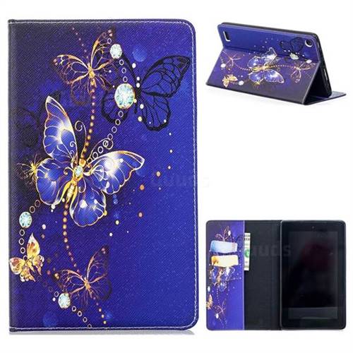 Gold and Blue Butterfly Folio Stand Tablet Leather Wallet Case for Amazon Fire 7 (2017)