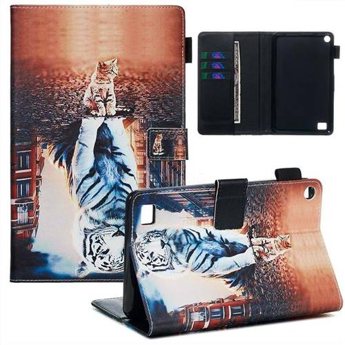 Cat and Tiger Matte Leather Wallet Tablet Case for Amazon Fire 7 (2017)