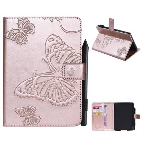 Embossing 3D Butterfly Leather Wallet Case for Amazon Kindle Paperwhite 1 2 3 - Rose Gold