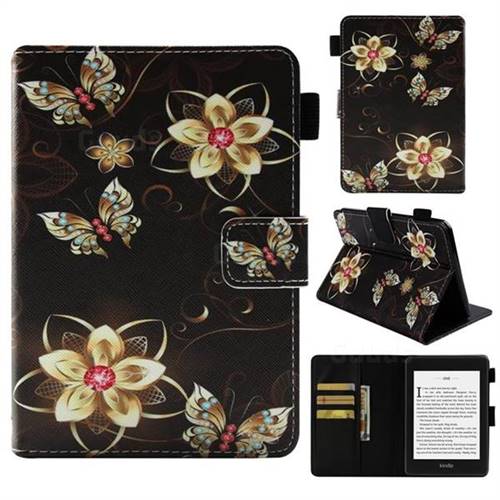 Golden Flower Butterfly Folio Stand Leather Wallet Case for Amazon Kindle Paperwhite 1 2 3