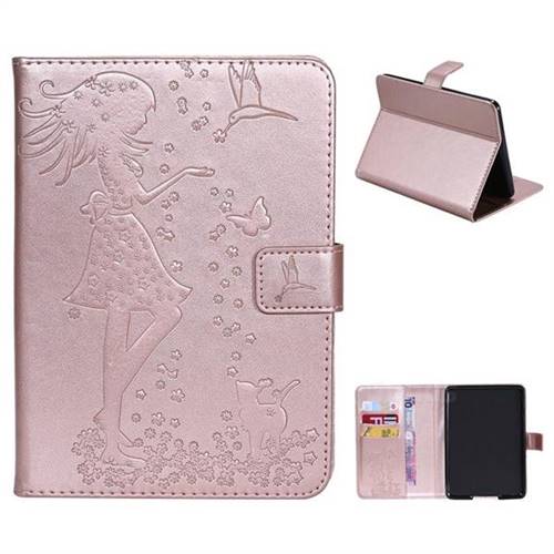 Embossing Flower Girl Cat Leather Flip Cover for Amazon Kindle Paperwhite (2018) - Rose Gold