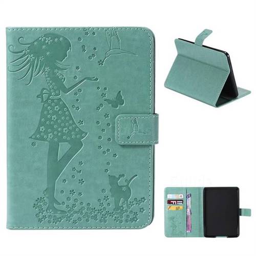 Embossing Flower Girl Cat Leather Flip Cover for Amazon Kindle Paperwhite (2018) - Green