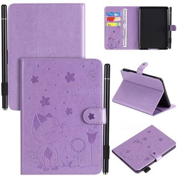 Embossing Bee and Cat Leather Flip Cover for Amazon Kindle Paperwhite (2018) - Purple