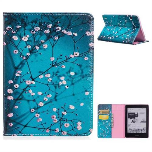 Blue Plum flower Folio Stand Leather Wallet Case for Amazon Kindle Voyage