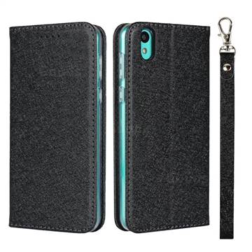 Ultra Slim Magnetic Automatic Suction Silk Lanyard Leather Flip Cover for Android One S3 - Black