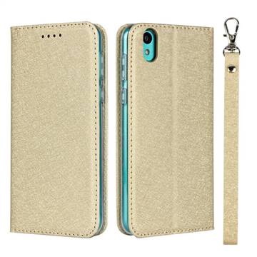 Ultra Slim Magnetic Automatic Suction Silk Lanyard Leather Flip Cover for Android One S3 - Golden