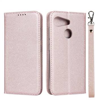 Ultra Slim Magnetic Automatic Suction Silk Lanyard Leather Flip Cover for Kyocera Android One S6 - Rose Gold