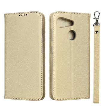 Ultra Slim Magnetic Automatic Suction Silk Lanyard Leather Flip Cover for Kyocera Android One S6 - Golden
