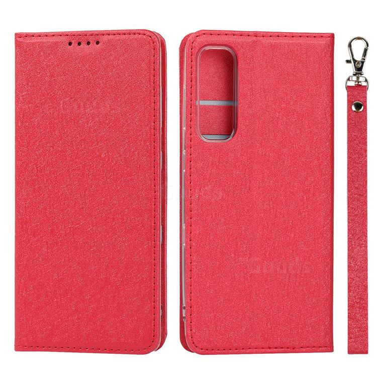 Ultra Slim Magnetic Automatic Suction Silk Lanyard Leather Flip Cover for Kyocera Android One S8 - Red