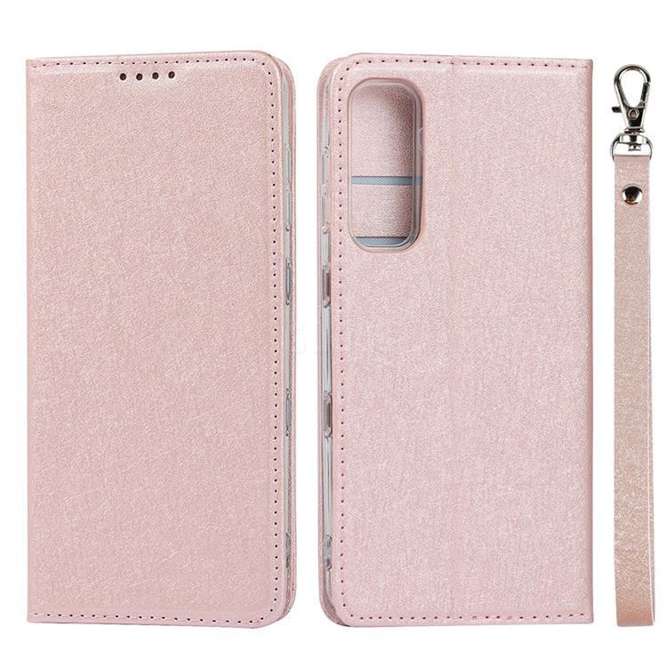 Ultra Slim Magnetic Automatic Suction Silk Lanyard Leather Flip Cover for Kyocera Android One S8 - Rose Gold