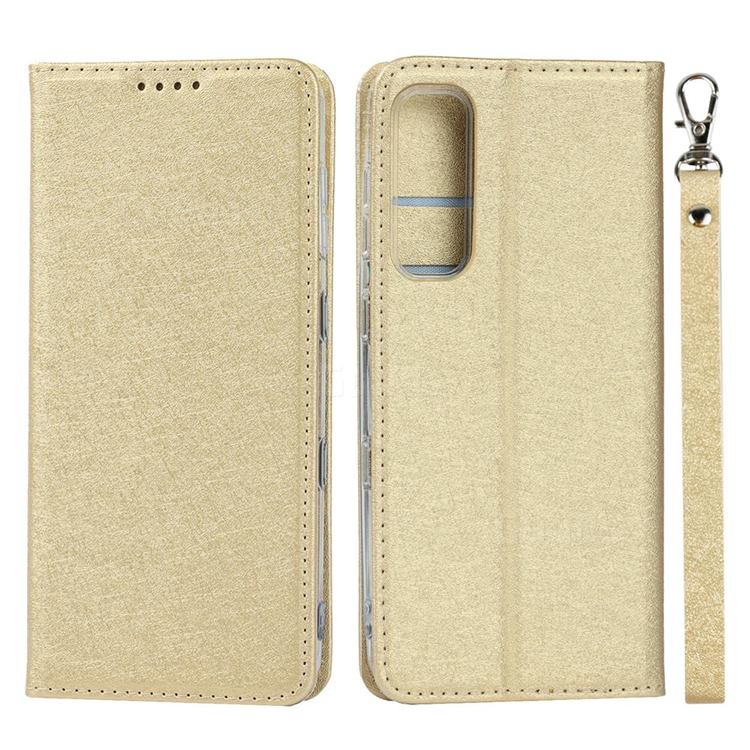 Ultra Slim Magnetic Automatic Suction Silk Lanyard Leather Flip Cover for Kyocera Android One S8 - Golden