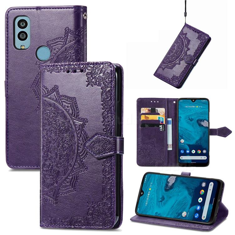 Embossing Imprint Mandala Flower Leather Wallet Case for Kyocera Android One S9 - Purple