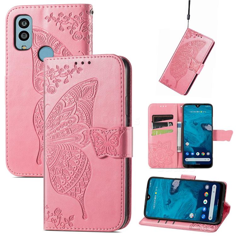 Embossing Mandala Flower Butterfly Leather Wallet Case for Kyocera Android One S9 - Pink