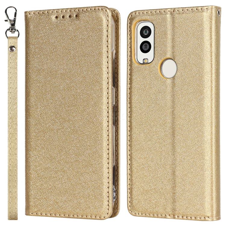 Ultra Slim Magnetic Automatic Suction Silk Lanyard Leather Flip Cover for Kyocera Android One S9 - Golden
