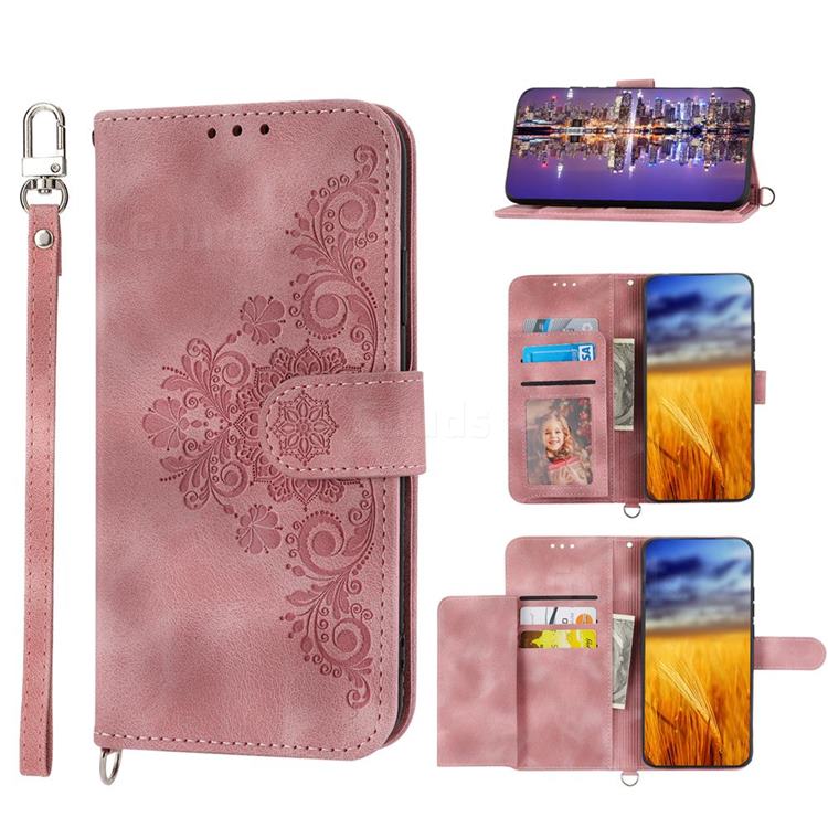 Skin Feel Embossed Lace Flower Multiple Card Slots Leather Wallet Phone Case for Kyocera Android One S9 - Pink
