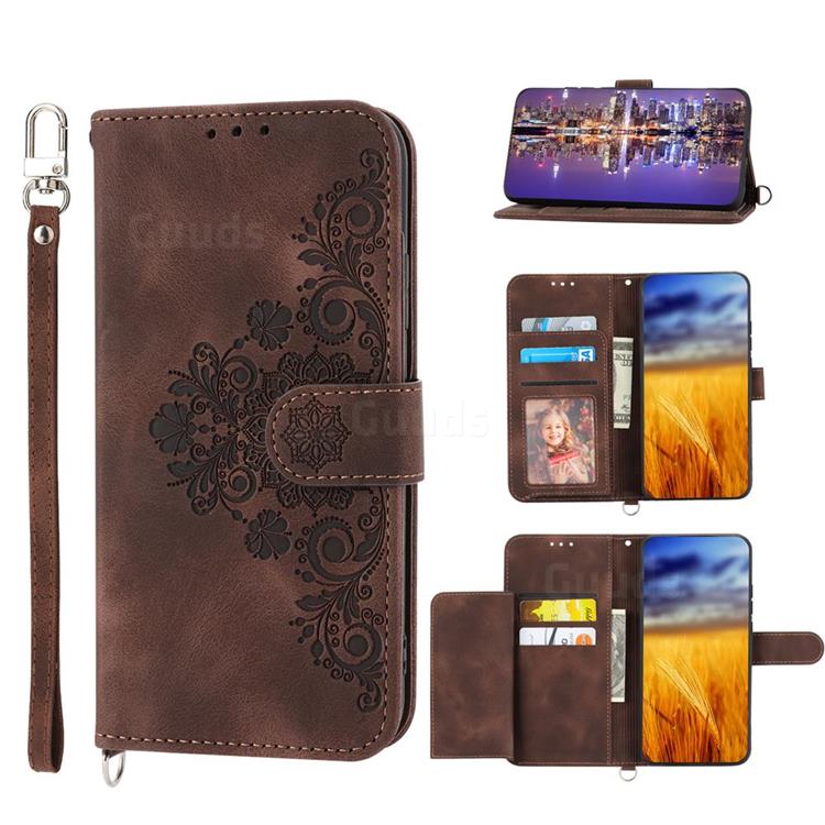 Skin Feel Embossed Lace Flower Multiple Card Slots Leather Wallet Phone Case for Kyocera Android One S9 - Brown