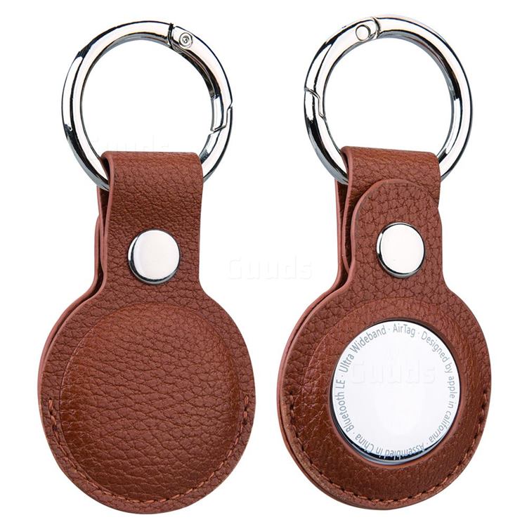 Lychee Leather Key Ring Secure Holder Case Cover for Apple AirTag - Brown