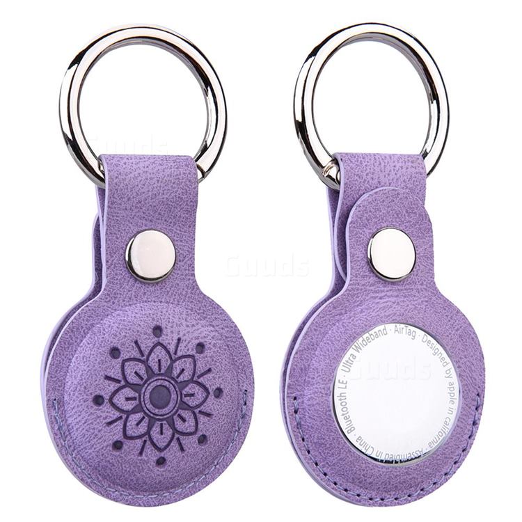 Embossed Mandala Flower Key Ring Secure Holder Leather Case Cover for Apple AirTag - Purple