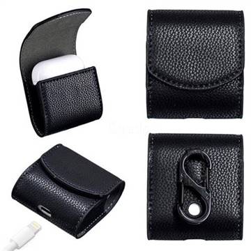 Litchi Pattern Slim Leather Pouch for Apple AirPods - Black