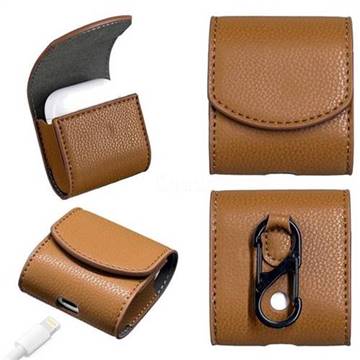 Litchi Pattern Slim Leather Pouch for Apple AirPods - Brown
