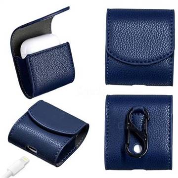 Litchi Pattern Slim Leather Pouch for Apple AirPods - Dark Blue