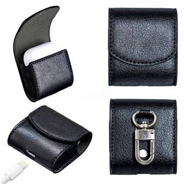 Oil Grain Pattern Slim Leather Pouch for Apple AirPods - Black