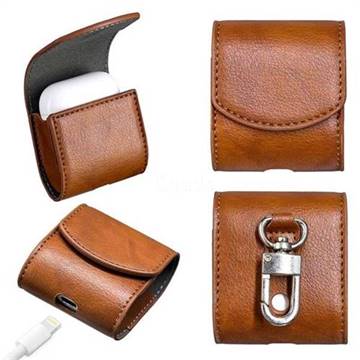 Oil Grain Pattern Slim Leather Pouch for Apple AirPods - Brown