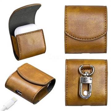 Oil Grain Pattern Slim Leather Pouch for Apple AirPods - Gold Brown
