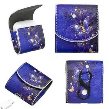 Gold and Blue Butterfly Pattern Leather Pouch Case for Apple AirPods