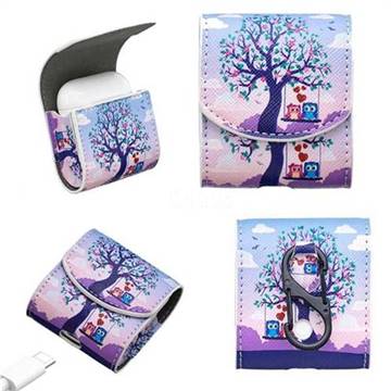 Tree and Owls Pattern Leather Pouch Case for Apple AirPods