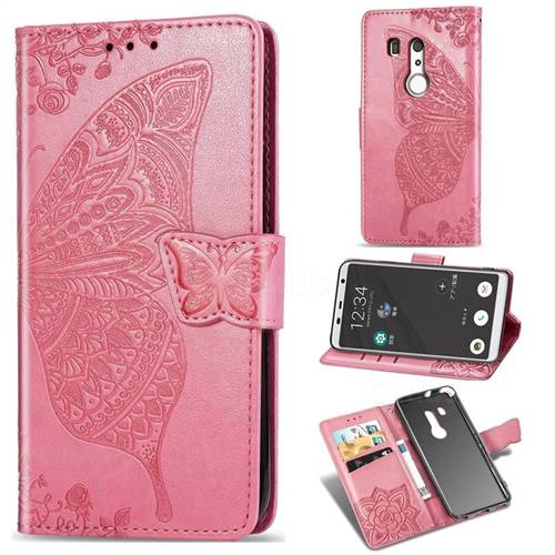 Embossing Mandala Flower Butterfly Leather Wallet Case for FUJITSU Docomo Arrows Be3 F-02L - Pink