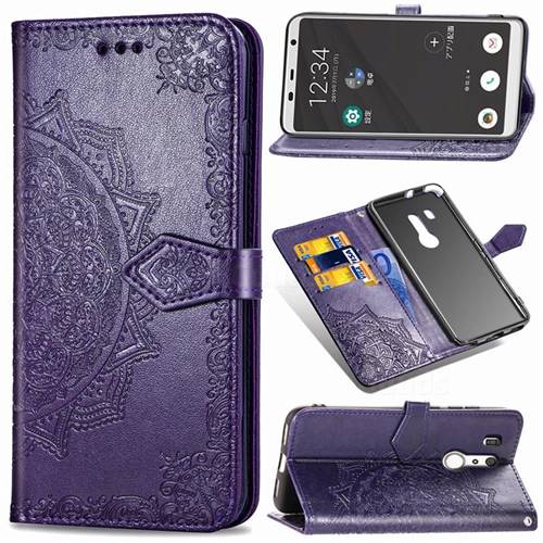 Embossing Imprint Mandala Flower Leather Wallet Case for FUJITSU Docomo Arrows Be3 F-02L - Purple