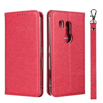 Ultra Slim Magnetic Automatic Suction Silk Lanyard Leather Flip Cover for FUJITSU Docomo Arrows Be3 F-02L - Red