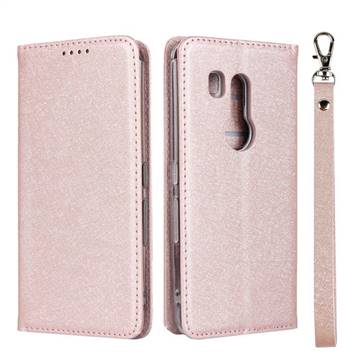 Ultra Slim Magnetic Automatic Suction Silk Lanyard Leather Flip Cover for FUJITSU Docomo Arrows Be3 F-02L - Rose Gold