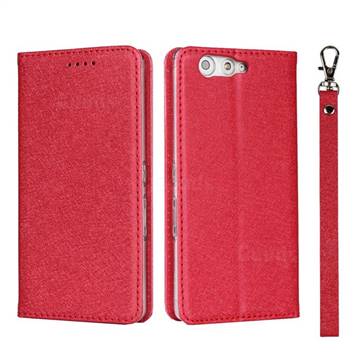 Ultra Slim Magnetic Automatic Suction Silk Lanyard Leather Flip Cover for FUJITSU Arrows Be F-05J - Red