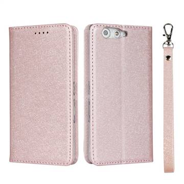 Ultra Slim Magnetic Automatic Suction Silk Lanyard Leather Flip Cover for FUJITSU Arrows Be F-05J - Rose Gold