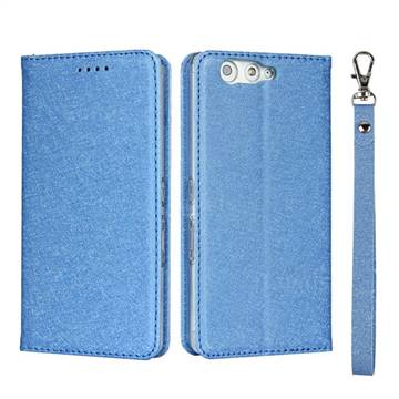 Ultra Slim Magnetic Automatic Suction Silk Lanyard Leather Flip Cover for FUJITSU Arrows Be F-05J - Sky Blue