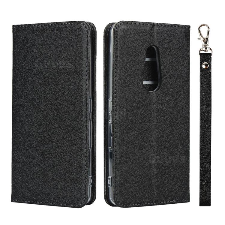 Ultra Slim Magnetic Automatic Suction Silk Lanyard Leather Flip Cover for FUJITSU Docomo Arrows Be4 F-41A - Black