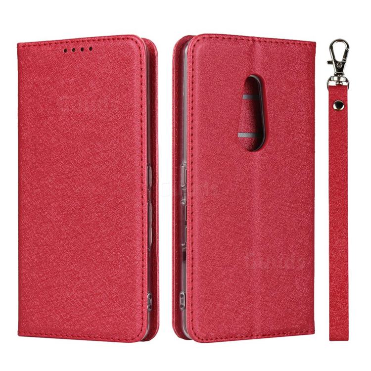 Ultra Slim Magnetic Automatic Suction Silk Lanyard Leather Flip Cover for FUJITSU Docomo Arrows Be4 F-41A - Red
