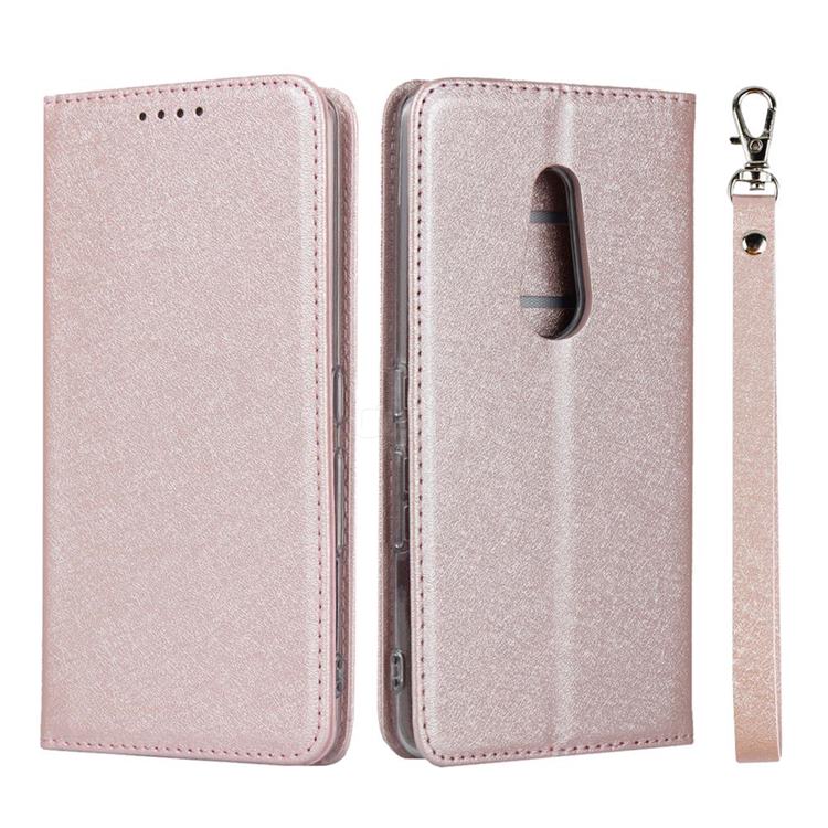 Ultra Slim Magnetic Automatic Suction Silk Lanyard Leather Flip Cover for FUJITSU Docomo Arrows Be4 F-41A - Rose Gold