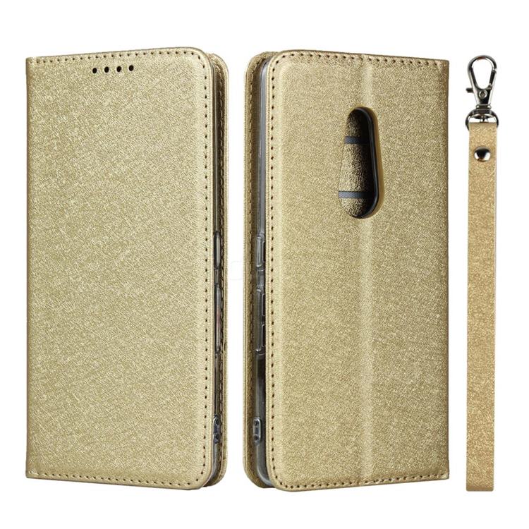 Ultra Slim Magnetic Automatic Suction Silk Lanyard Leather Flip Cover for FUJITSU Docomo Arrows Be4 F-41A - Golden